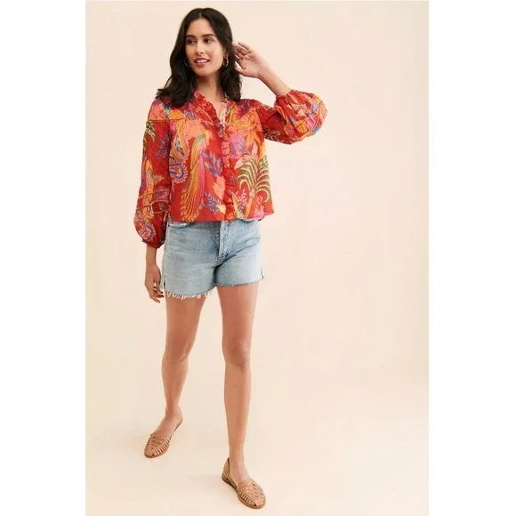FARM Rio Mystic Bush Ruffled Blouse Floral Bird Print Button Front Ruffled Red M - Picture 16 of 16